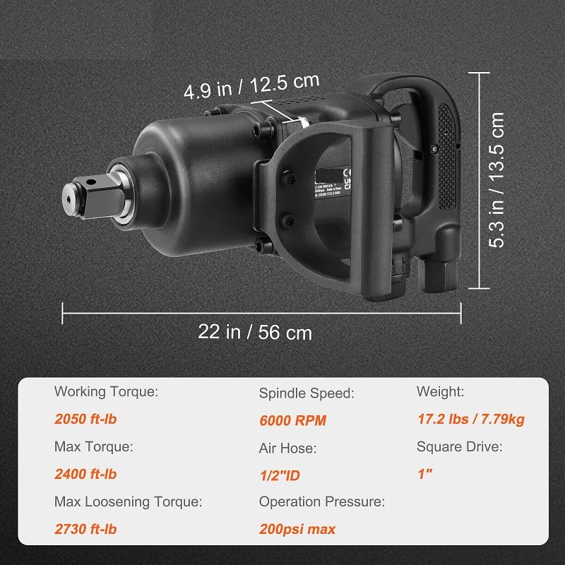 1 Inch Drive Impact Wrench 2730 ft-lbs Breakaway Torque 6000 RPM Twin Hammer