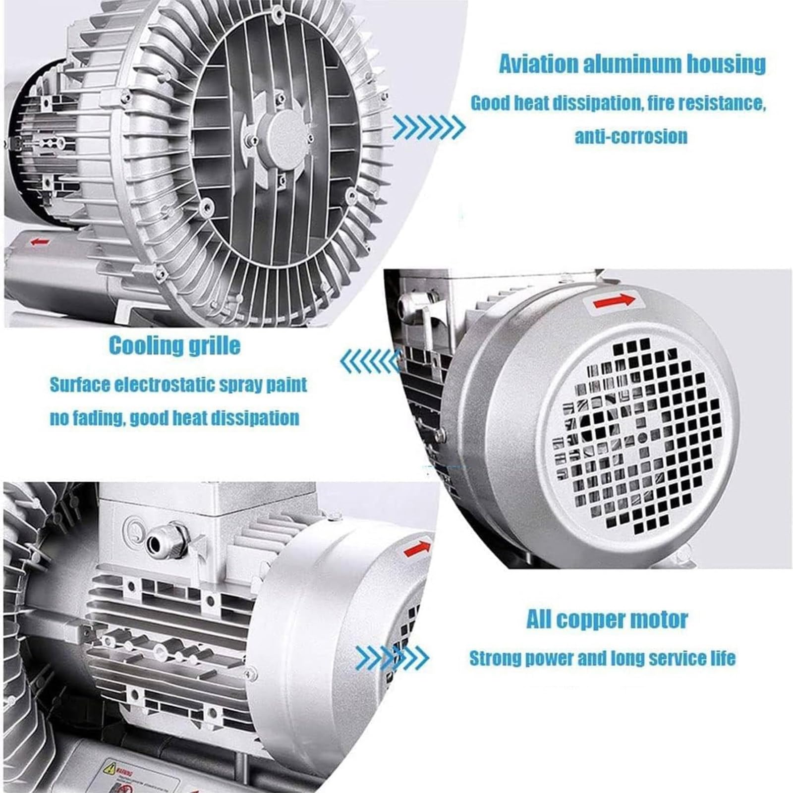 0.16-2.01HP Regenerative Blower, 110V 60Hz Single Phase, Large Airflow High-Pressure Vortex Ring Blower for Sewage Aeration Aquarium Fish Pond, Aluminum Alloy, Silver, 750W/1.01HP