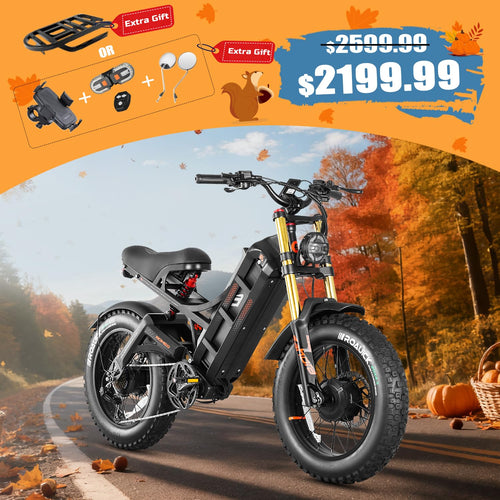 (2025 Version) 2500W 40 MPH Electric Mountain Bike Dual Motor 52V 60AH Battery 200 Miles Long Range Electric Bike for Adults 20 inch 4.5 inch Fat Tire Full Suspension Off-Road EBike