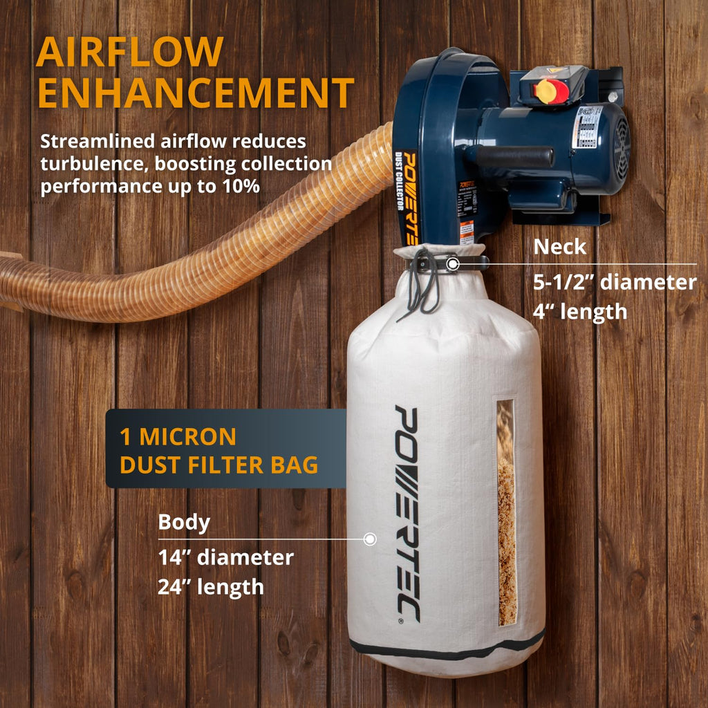 1 HP 560 CFM Wall Mount Dust Collector with 1 Micron Dust Collector Bags for Woodworking Dust Collection System