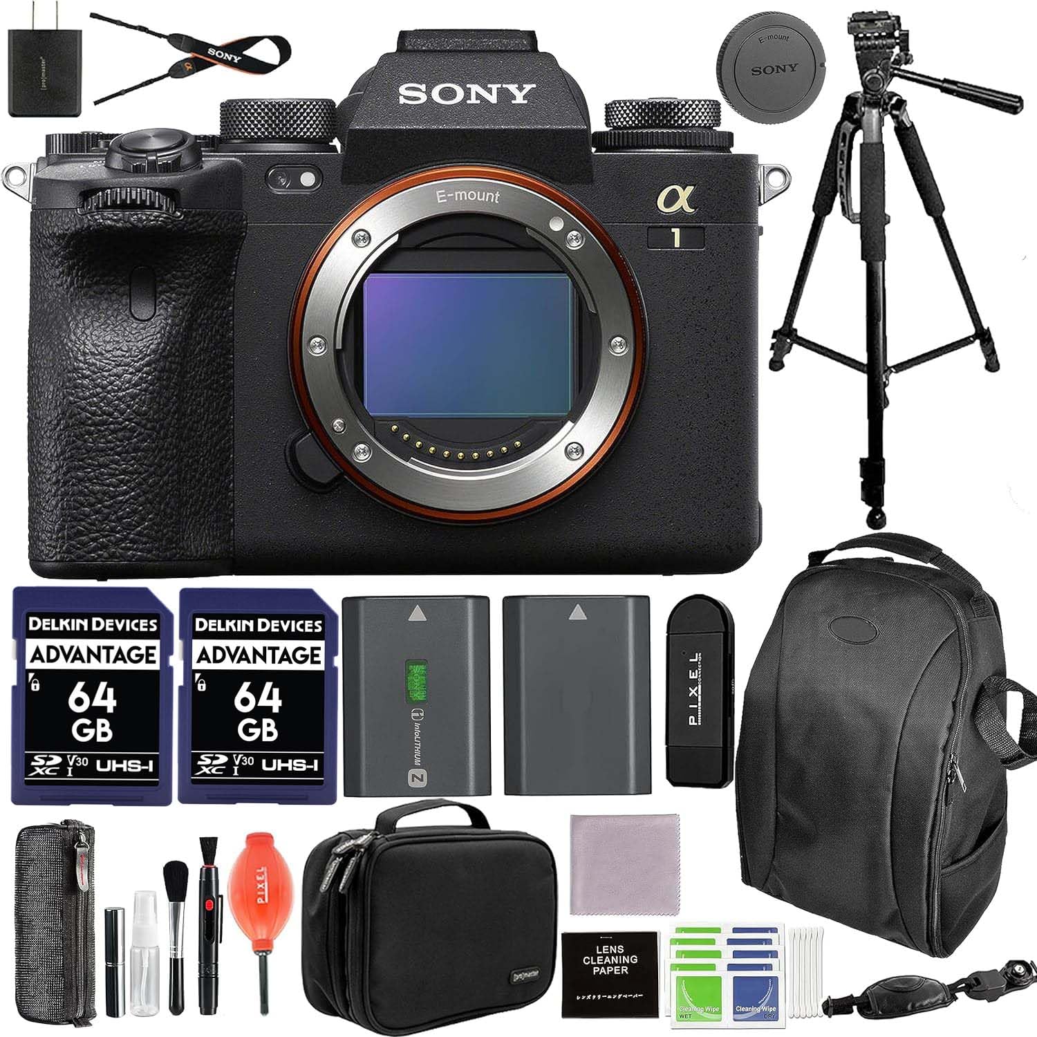 1 Full-Frame Mirrorless Camera Bundle with Extra Battery Camera Backpack Handy Case Tripod 2X 64GB Memory Card Hand Wrist Strap and More Camera Kit